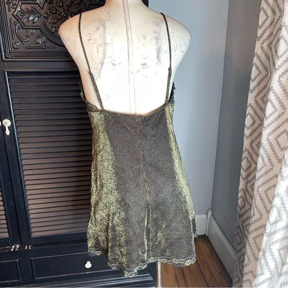 90s Y2K Vintage Victorias Secret Glitter Black Gold Mini Lace Trim Slip Dress L - Picture 5 of 5
